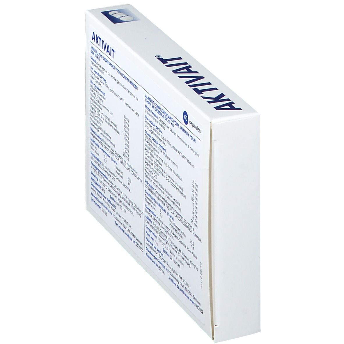 Confezione bianca con scritta AKTIVAIT e informazioni sul contenuto. Testo in più lingue.