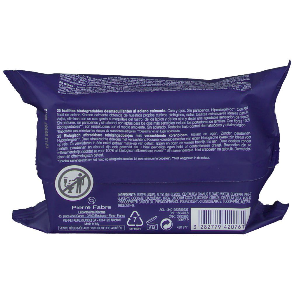 Retro della confezione con testo. Ingredienti, informazioni sul produttore, simbolo di riciclaggio. Confezione blu.