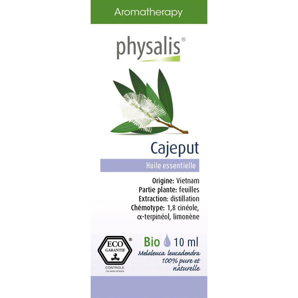 Olio essenziale physalis® Cajeput. Bottiglia con etichetta. Illustrazione botanica. Certificazione Bio. 10 ml.
