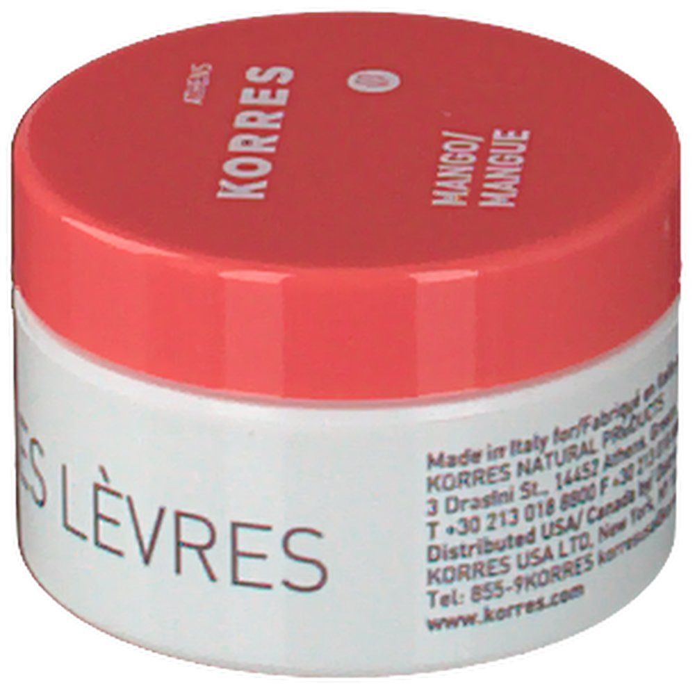 Vasetto bianco con coperchio rosso. Scritta: KORRES, Mango. Testo: Made in Italy. Informazioni di contatto.