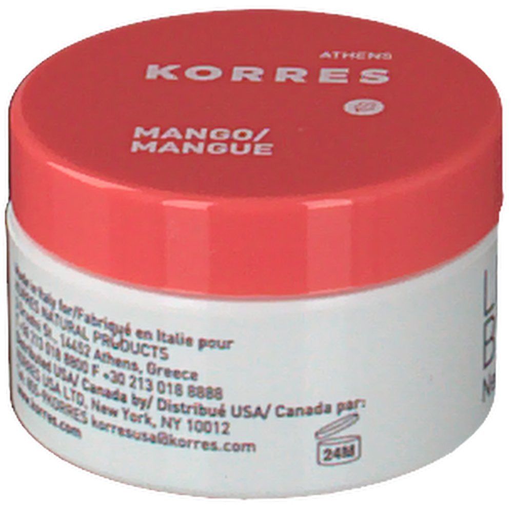 Vasetto bianco con coperchio rosso. Scritta: KORRES, Mango. Testo: Made in Italy. Informazioni di contatto. Simbolo: 24M.