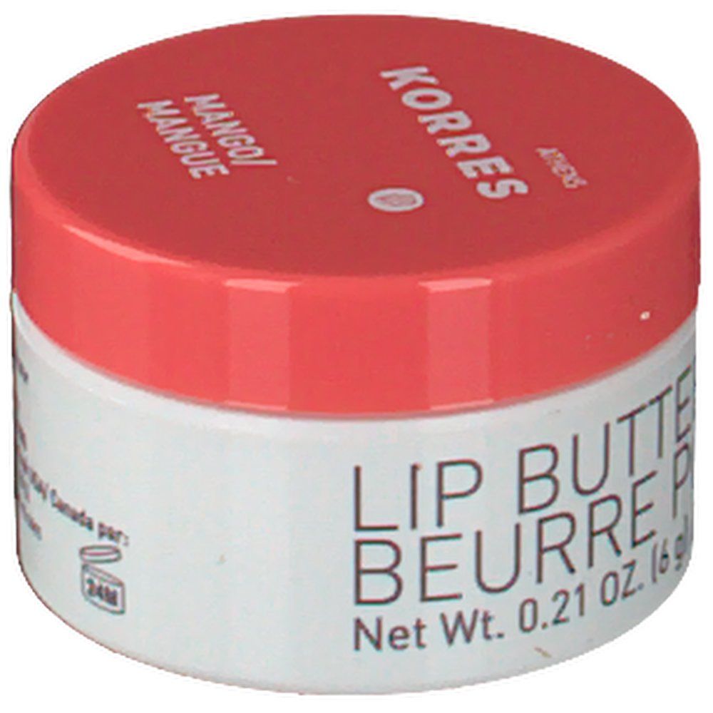 Vasetto bianco con coperchio rosso. Scritta: KORRES, Mango, Lip Butter. Peso netto 0,21 OZ. (6 g).