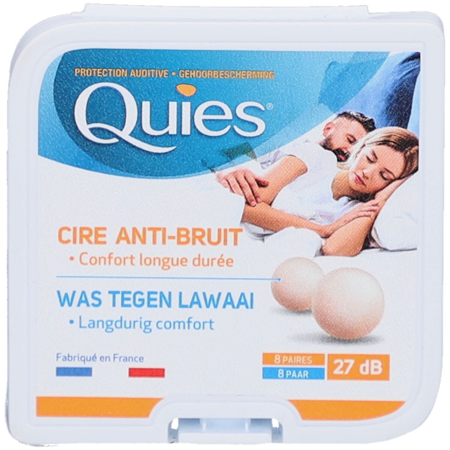Confezione di tappi per le orecchie Quies. Contiene 8 paia. Scritto: Cire anti-bruit, Was tegen lawaai. 27 dB.
