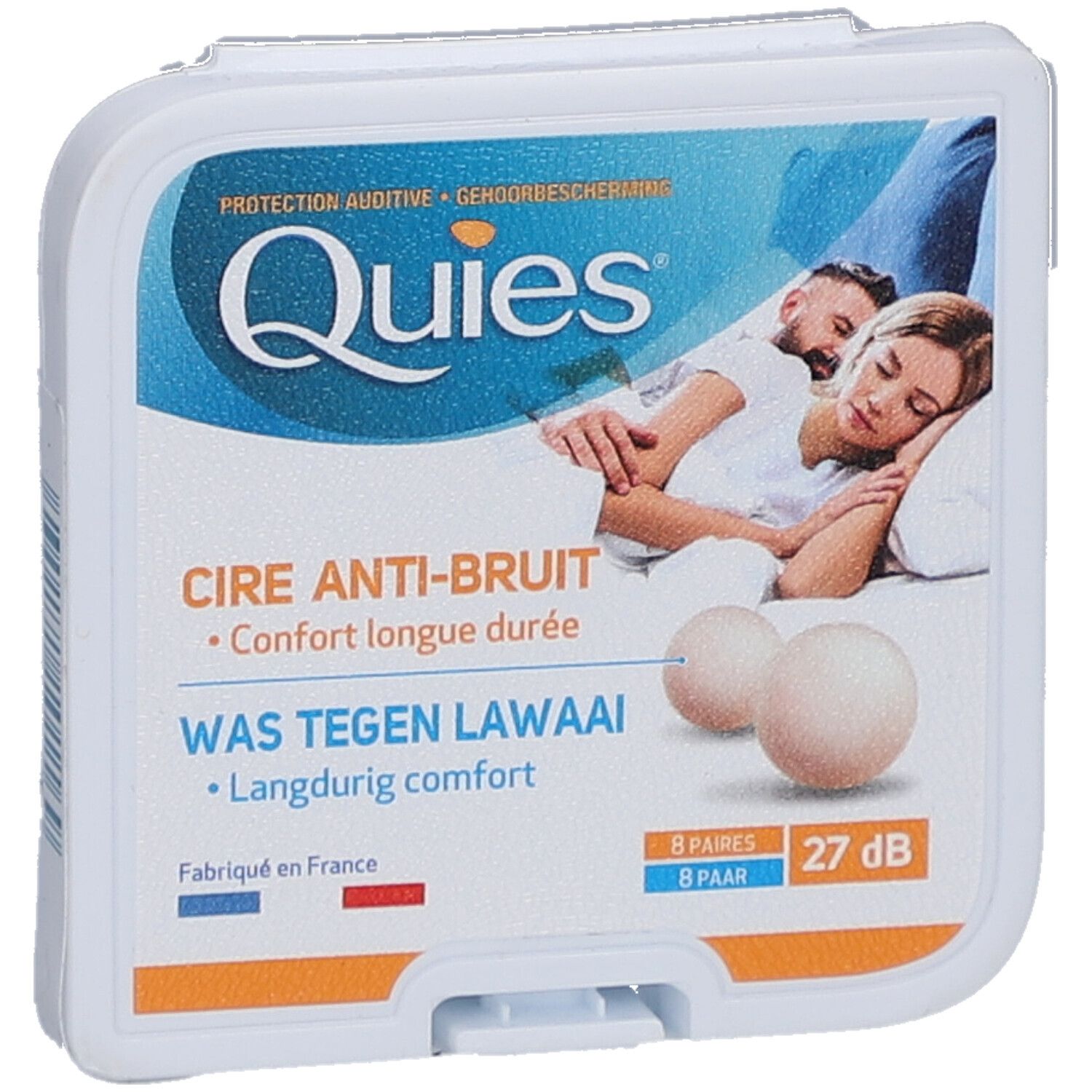 Confezione di tappi per le orecchie Quies. Contiene 8 paia. Scritto: Cire anti-bruit, Was tegen lawaai. 27 dB.