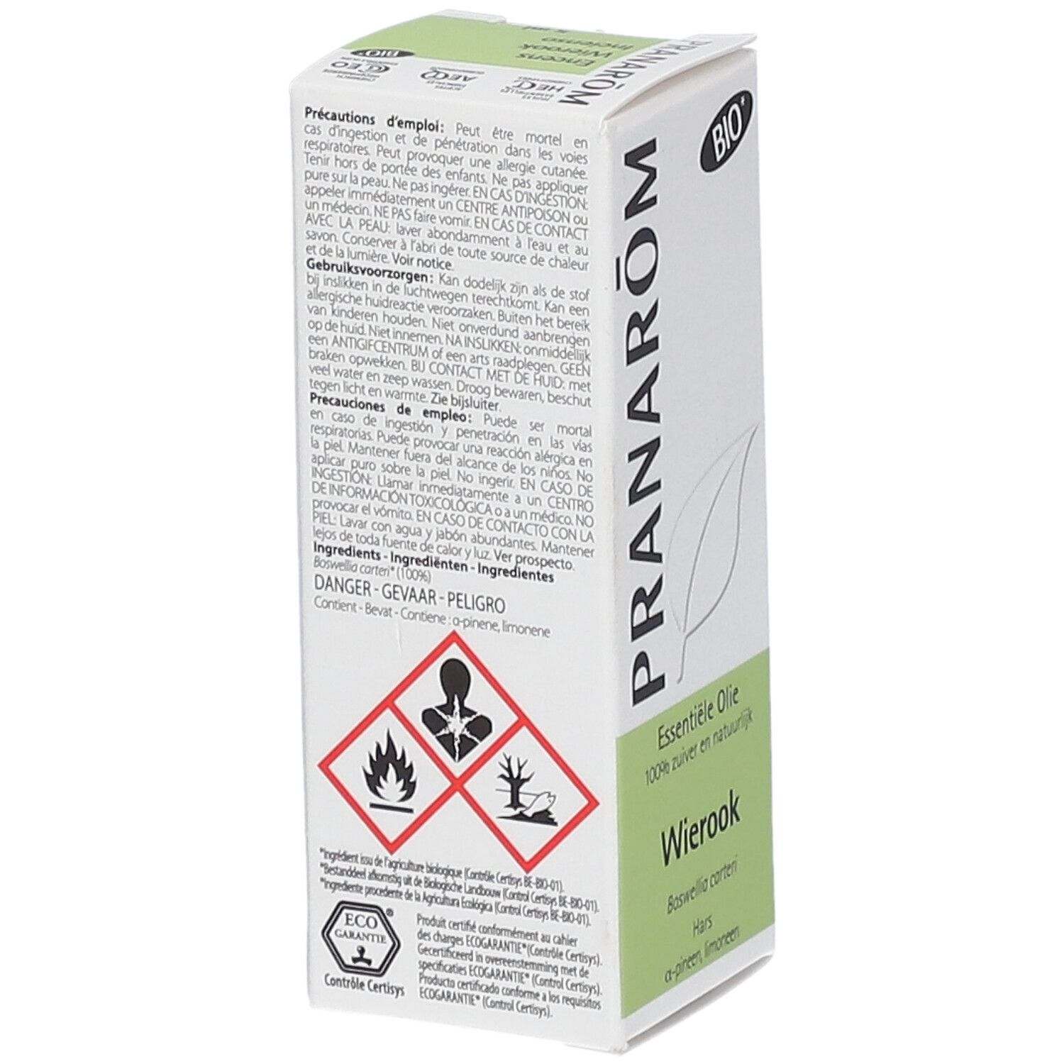Scatola PRANAROM e certificazione BIO. Olio essenziale. Avvertenze e simboli di pericolo.