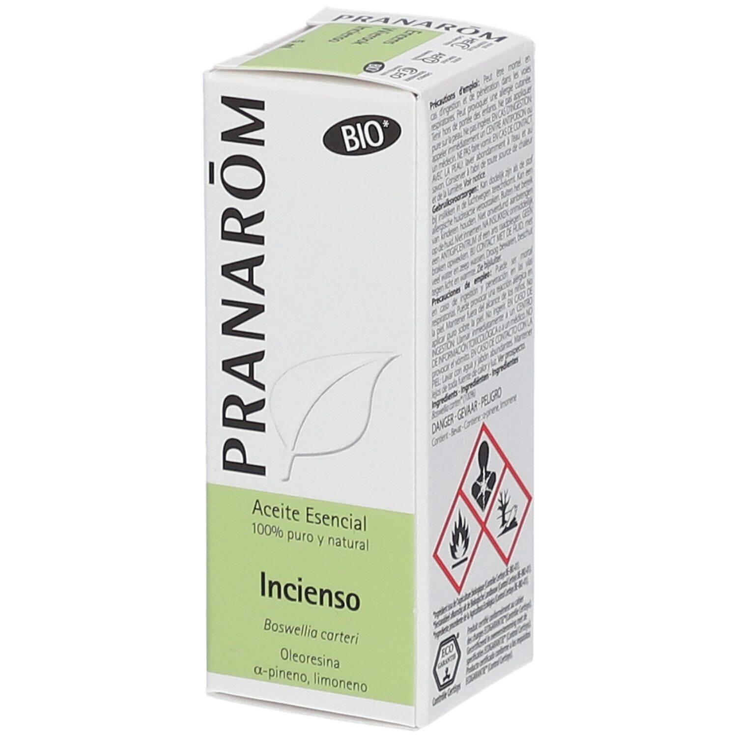 Scatola PRANAROM e certificazione BIO. Olio essenziale. Testo: Incenso, Boswellia carteri.