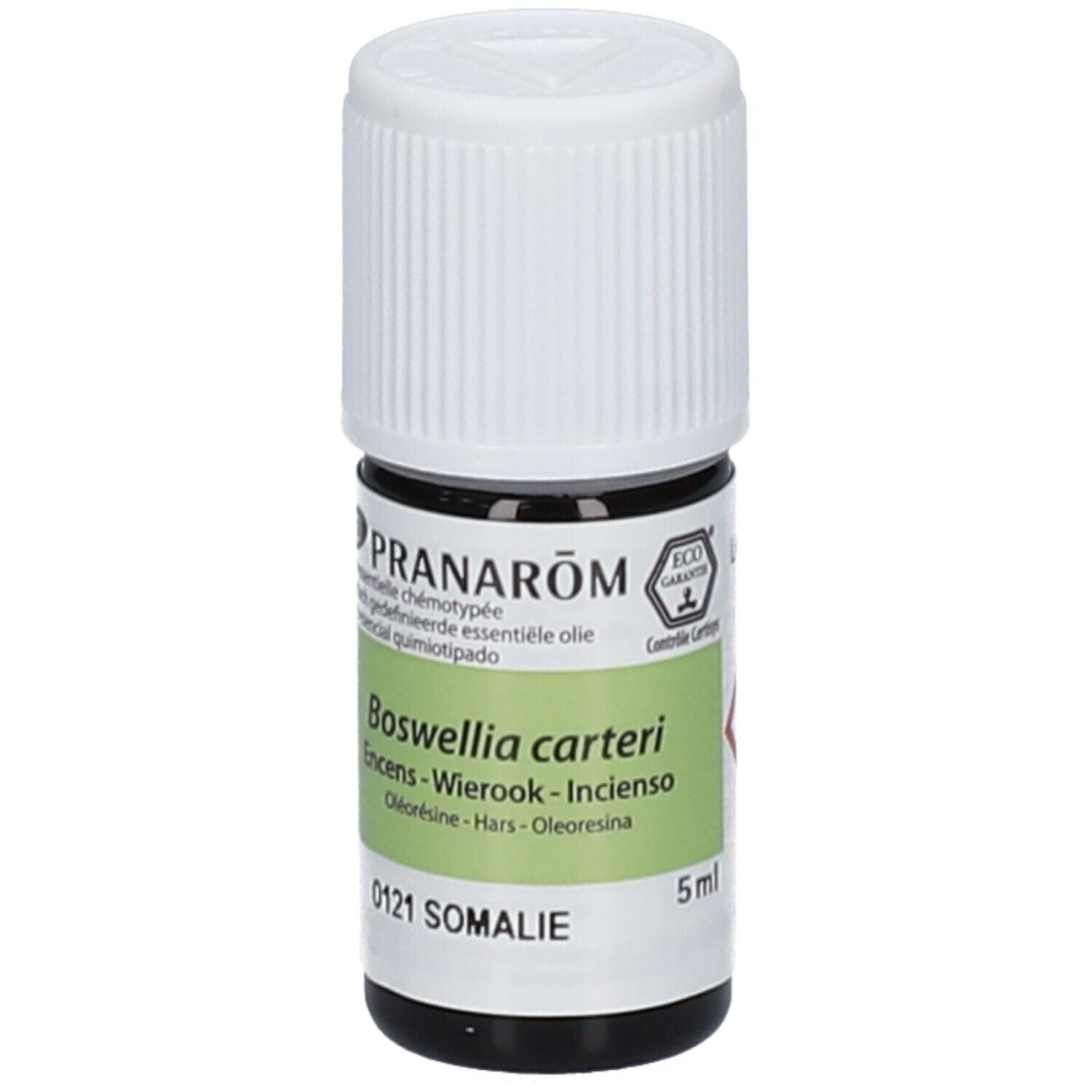 Flacone in vetro marrone, tappo bianco. Logo PRANAROM. Olio essenziale. Testo: Boswellia carteri, 5ml.
