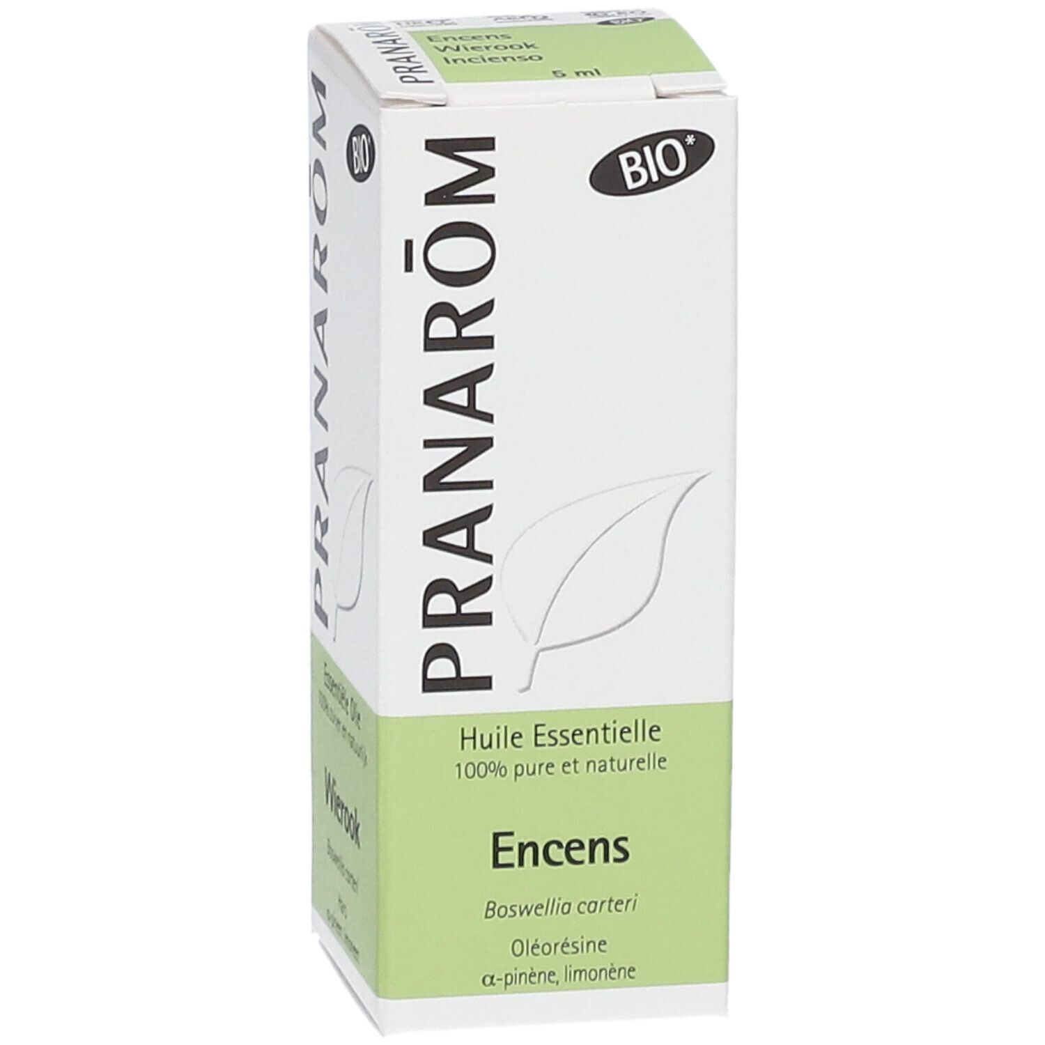 Scatola PRANAROM e certificazione BIO. Olio essenziale. Testo: Encens, Boswellia carteri, 5ml.