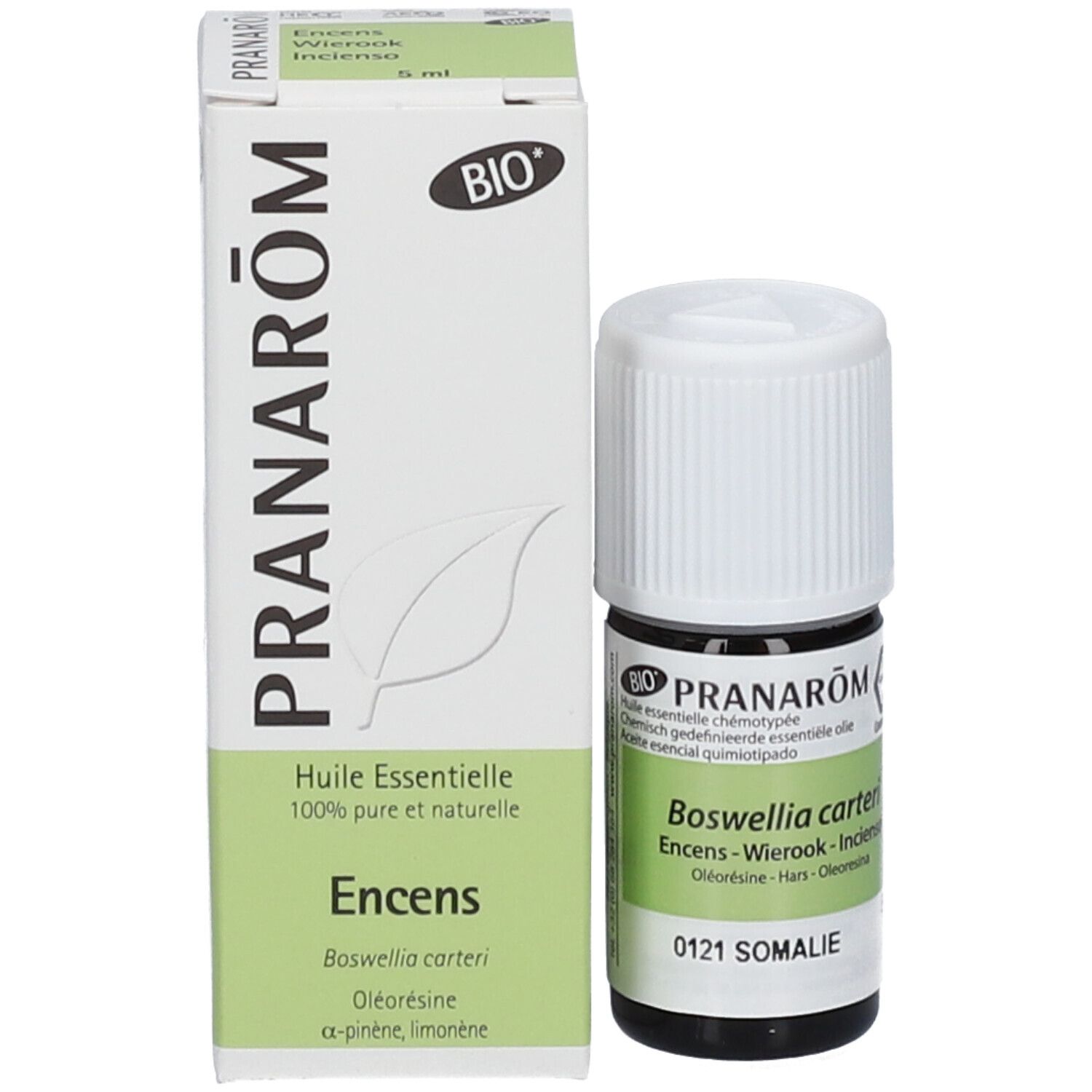 Flacone e scatola PRANAROM. Olio essenziale. Testo: Encens, Boswellia carteri, 5ml.