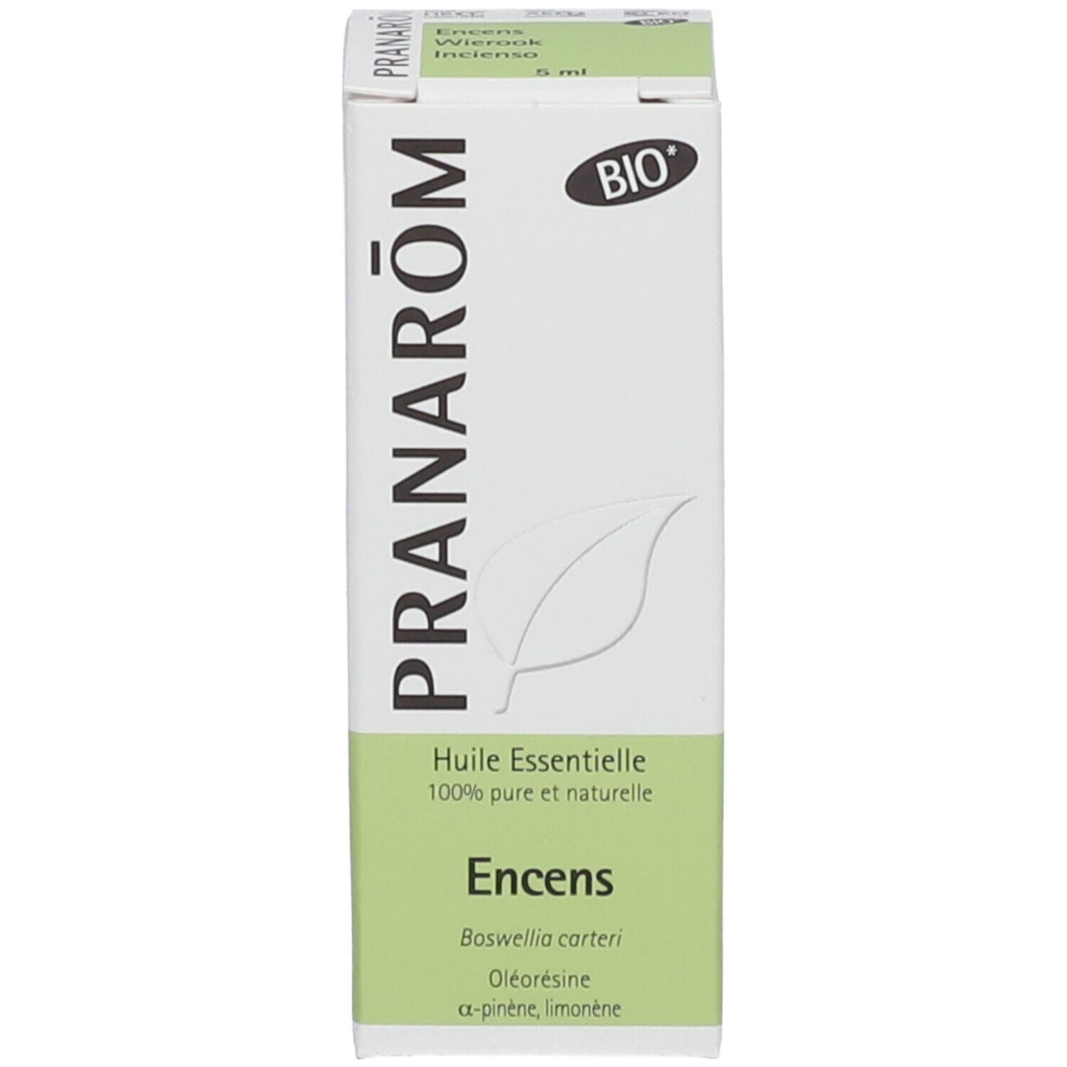 Scatola PRANAROM e certificazione BIO. Olio essenziale. Testo: Encens, Boswellia carteri, 5ml.