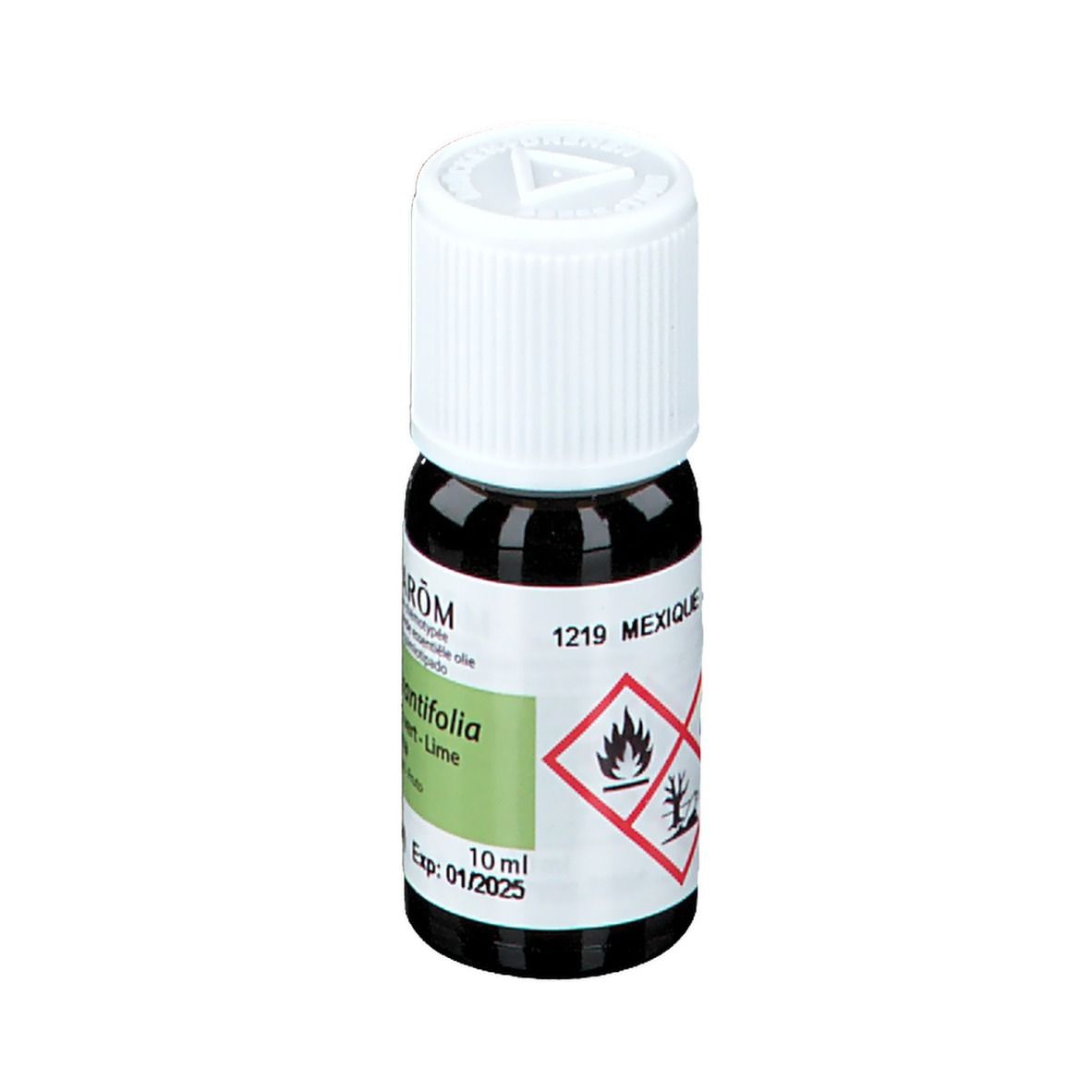Flacone di vetro marrone con tappo bianco. Etichetta con informazioni sul prodotto. Simboli di pericolo. Scritto: 10 ml, Exp: 01/2025.