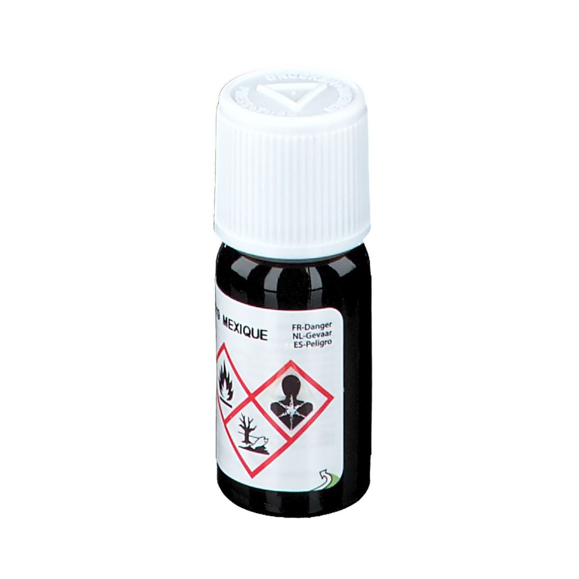 Flacone di vetro marrone con tappo bianco. Etichetta con informazioni sul prodotto. Simboli di pericolo. Scritto: 10 ml, Exp: 01/2025.