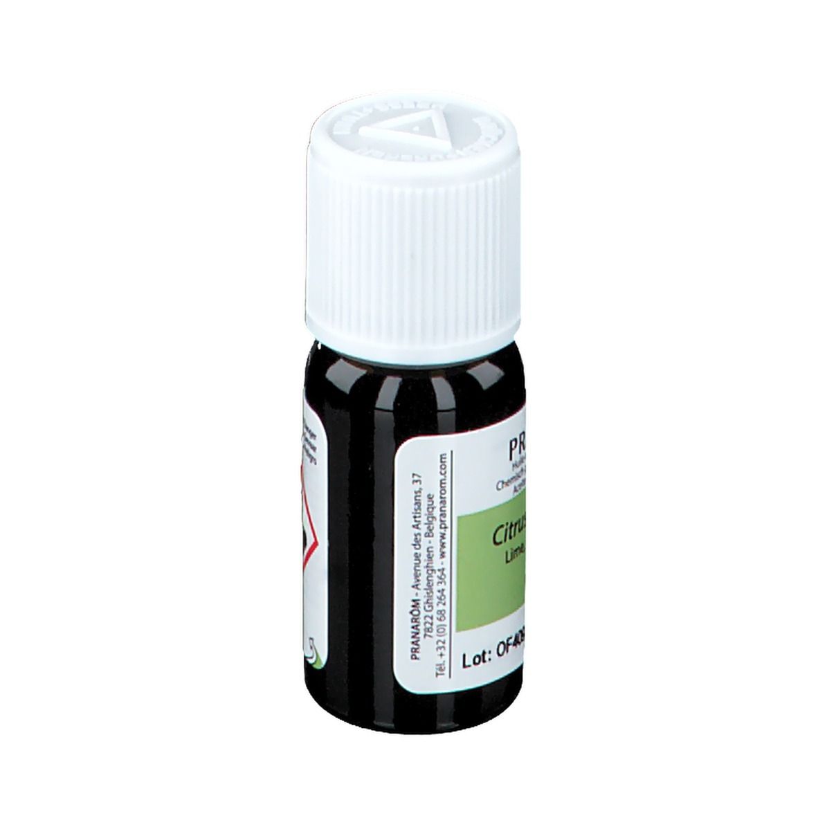Flacone di vetro marrone con tappo bianco. Etichetta con informazioni sul prodotto. Scritto: Citrus aurantifolia, Lime.