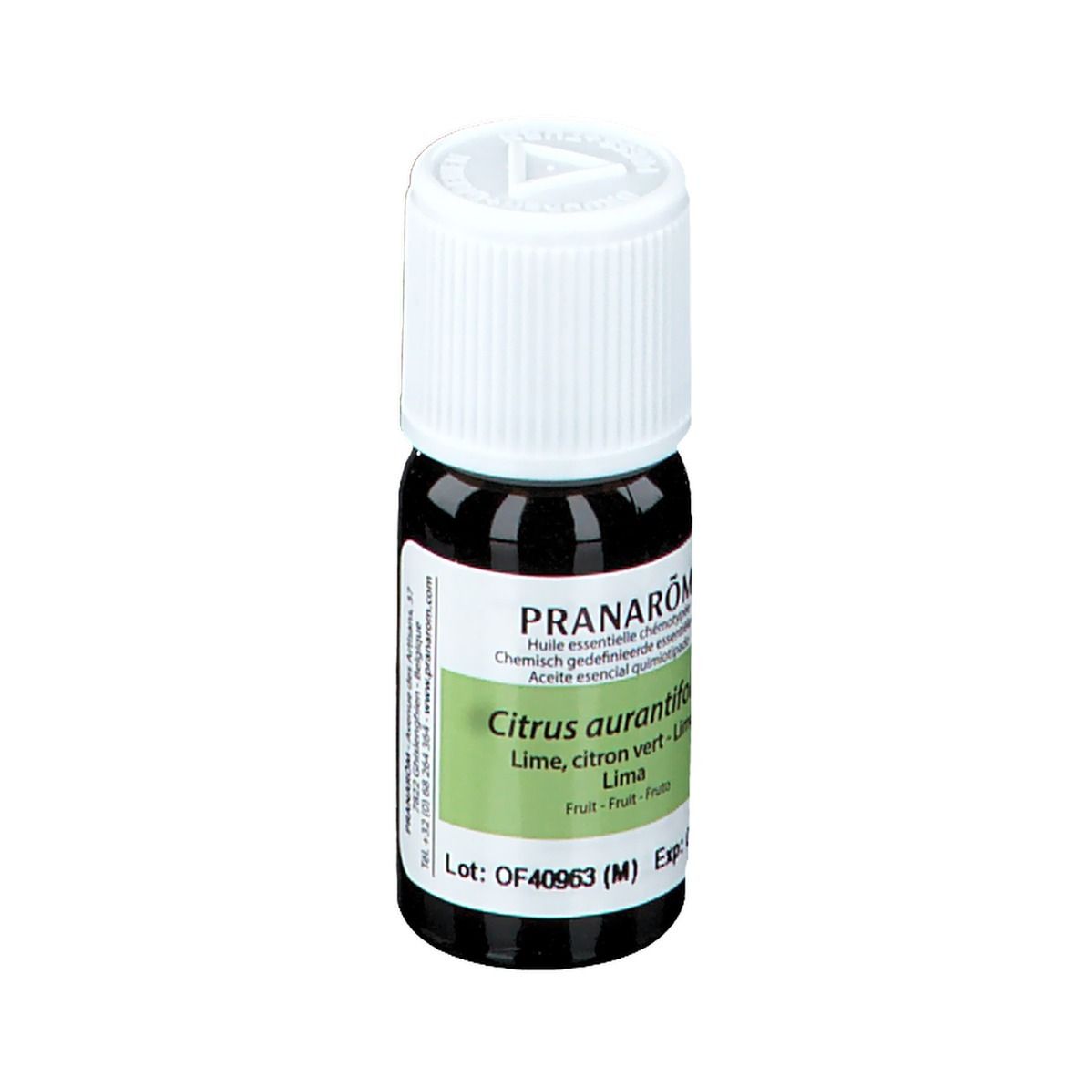 Flacone di vetro marrone con tappo bianco. Etichetta con informazioni sul prodotto. Scritto: Citrus aurantifolia, Lime. Exp: 01/2025.