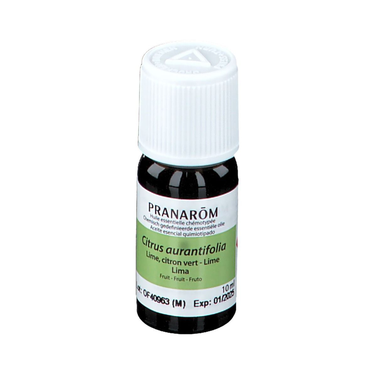 Flacone di vetro marrone con tappo bianco. Etichetta con informazioni sul prodotto. Scritto: 10 ml, Exp: 01/2025.