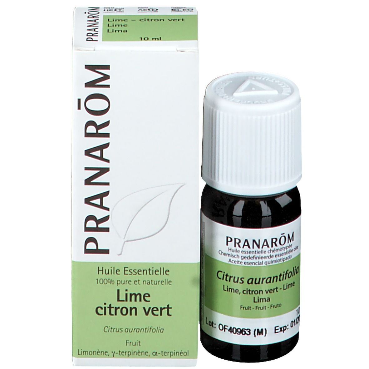 Flacone di vetro marrone con tappo bianco e scatola. Scritto: PRANAROM, Lime citron vert. 10 ml.