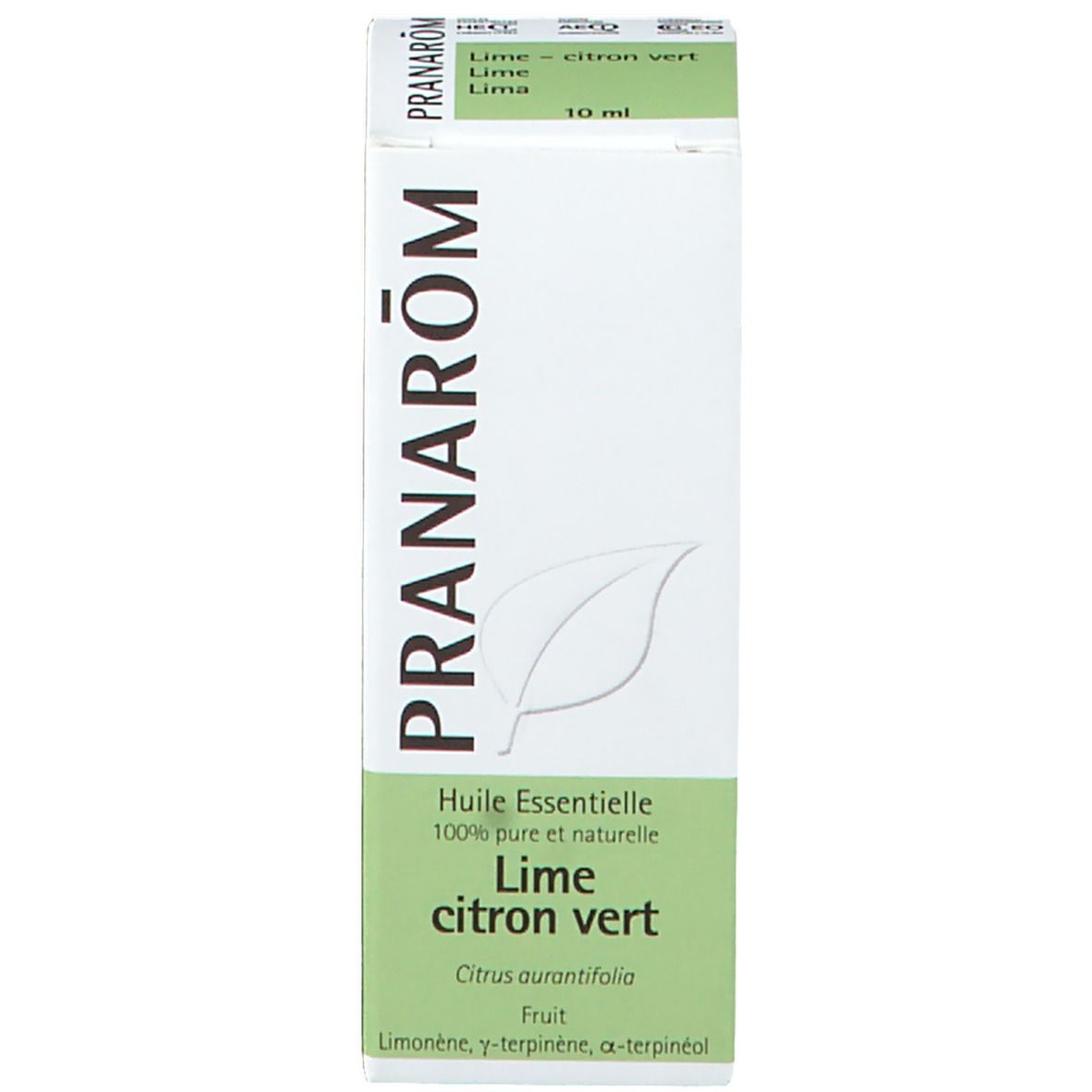 Scatola bianca con informazioni sul prodotto. Scritto: PRANAROM, Lime citron vert. 10 ml.