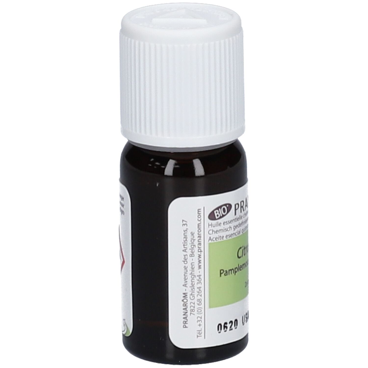 Flacone di vetro marrone con tappo bianco. Etichetta con informazioni sul prodotto e indirizzo. Certificazione bio.