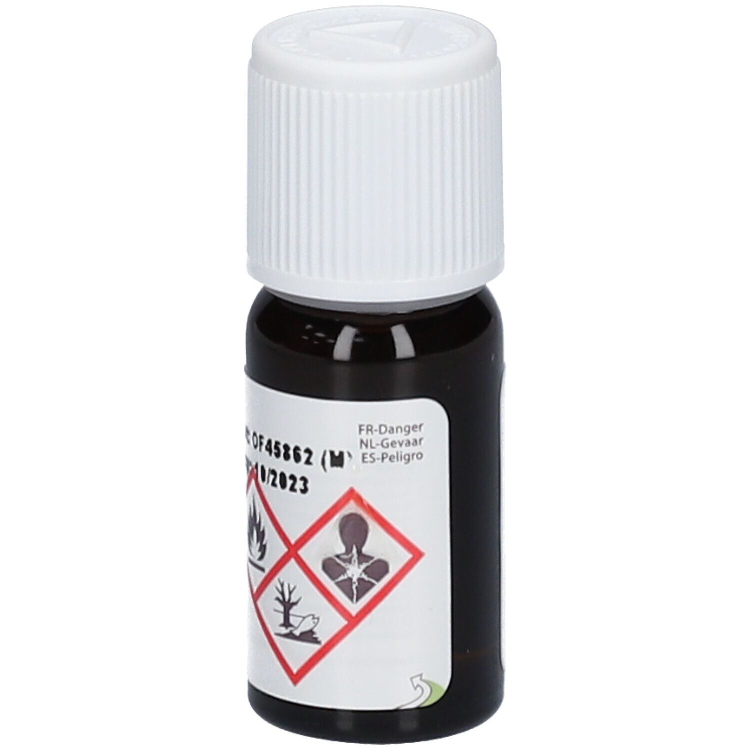 Flacone di vetro marrone con tappo bianco. Etichetta con simboli di pericolo e numero di lotto. Certificazione bio.