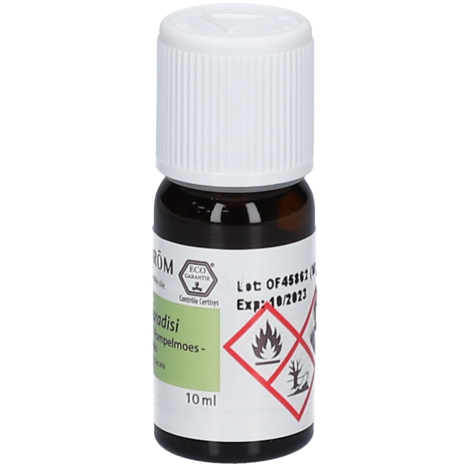 Flacone di vetro marrone con tappo bianco. Etichetta con informazioni sul prodotto e 10 ml. Eco Garantie.