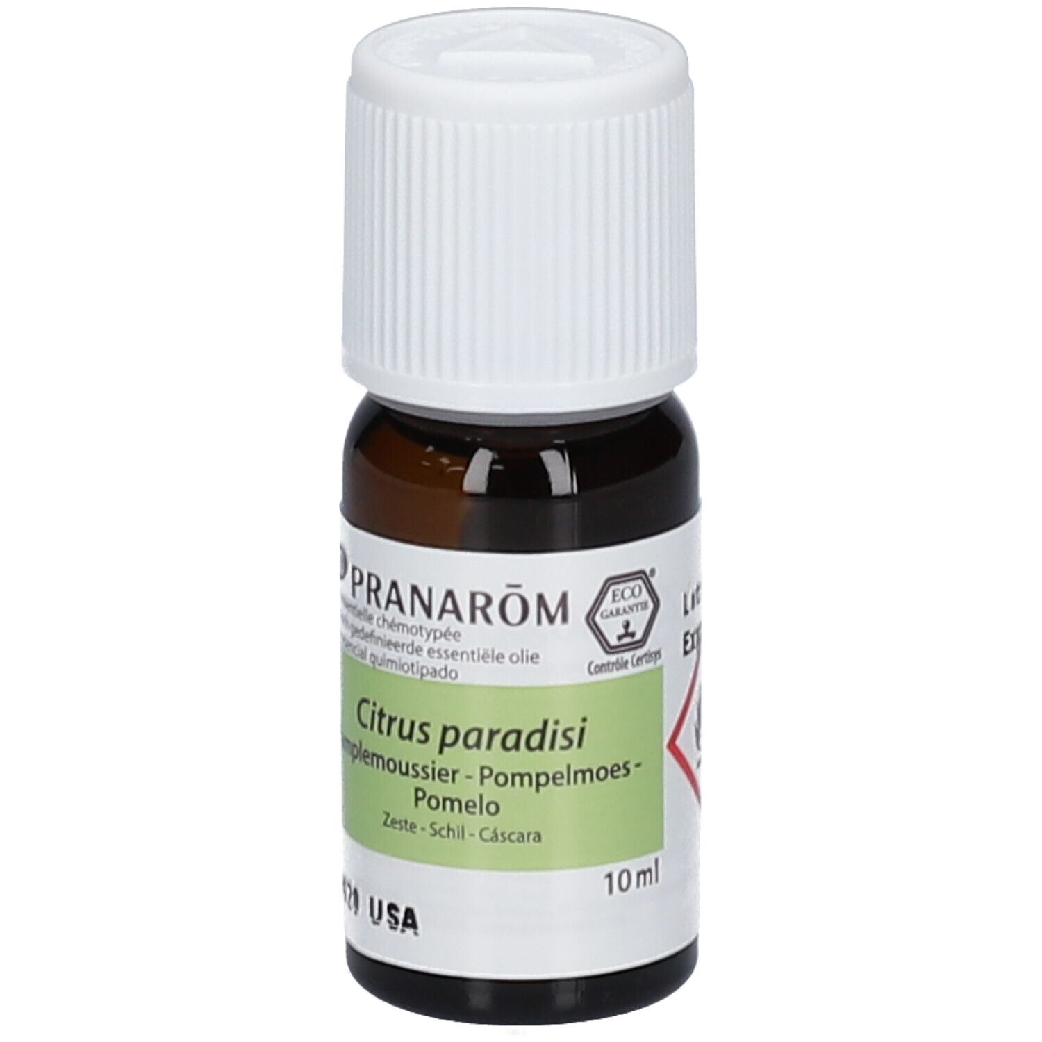 Flacone di vetro marrone con tappo bianco. Etichetta con nome del prodotto e ingredienti. 10 ml. Eco Garantie.
