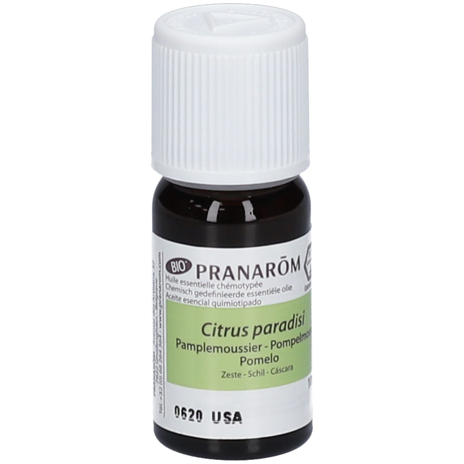 Flacone di vetro marrone con tappo bianco. Etichetta con nome del prodotto e ingredienti. 10 ml. Eco Garantie.