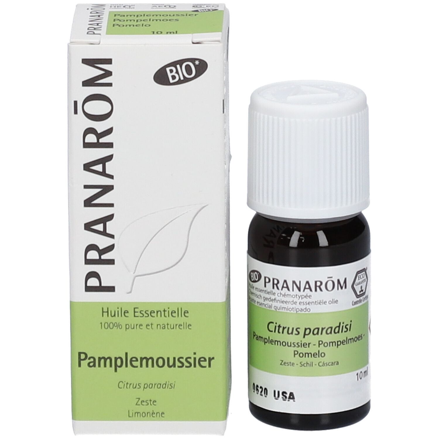 Flacone di vetro marrone con tappo bianco e scatola. Nome del prodotto e informazioni sulla scatola e sul flacone. 10 ml.