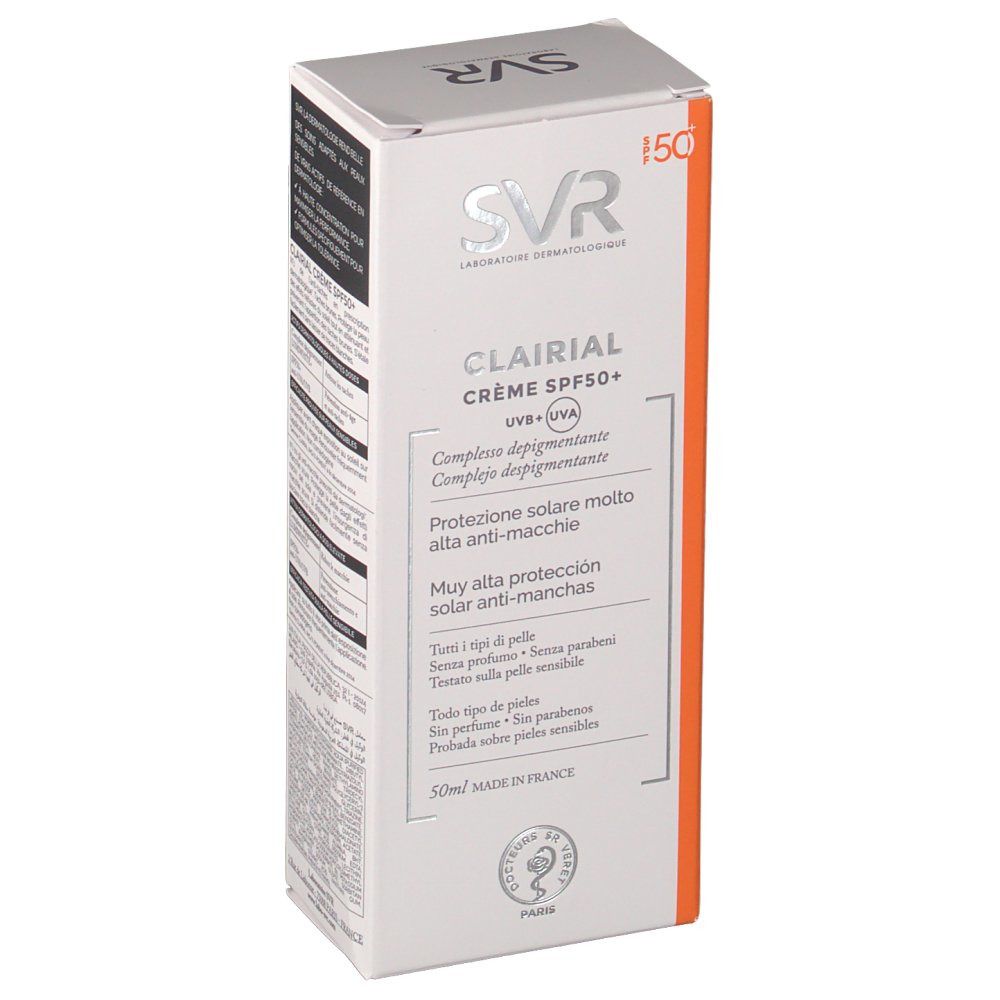 Confezione di crema solare SVR Clairial SPF50+. Scritte in più lingue. Design bianco e arancione. Contenuto 50ml.