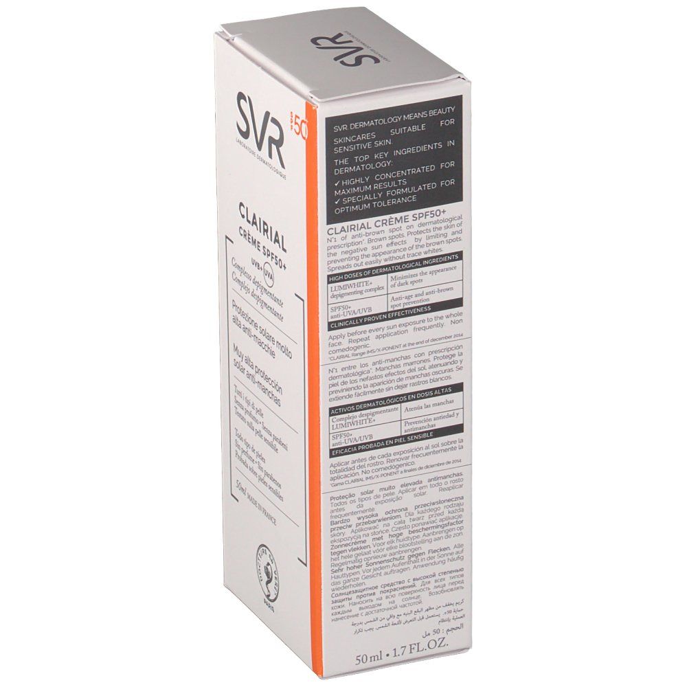 Confezione di crema solare SVR Clairial SPF50+. Scritte in più lingue. Design bianco e arancione. Contenuto 50ml.