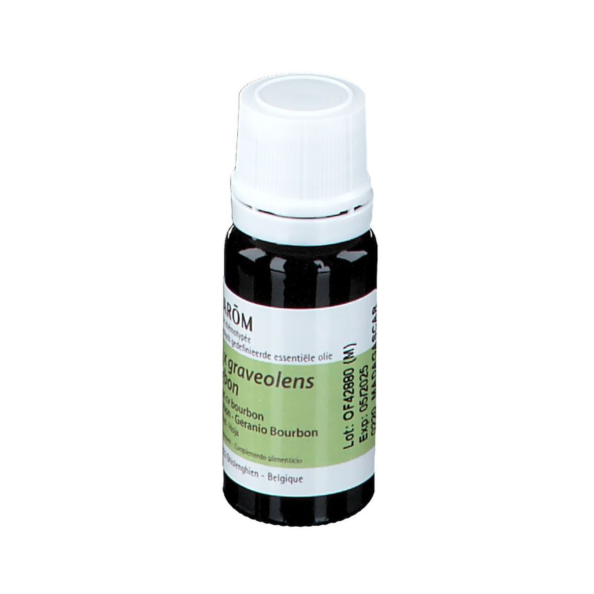 Flacone di vetro marrone con tappo bianco ed etichetta. Scritta: PRANAROM, sigillo Bio.