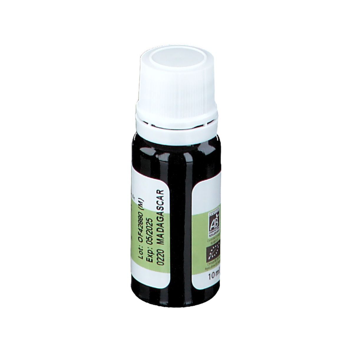 Flacone di vetro marrone con tappo bianco ed etichetta. Scritta: PRANAROM, 10 ml, sigillo Bio.
