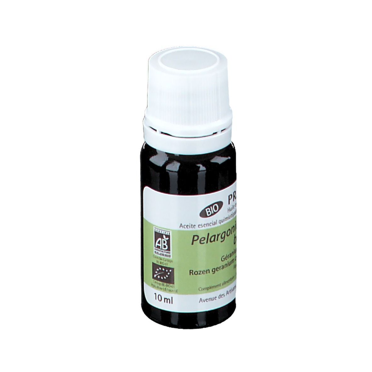 Flacone di vetro marrone con tappo bianco ed etichetta. Scritta: PRANAROM, 10 ml, sigillo Bio.