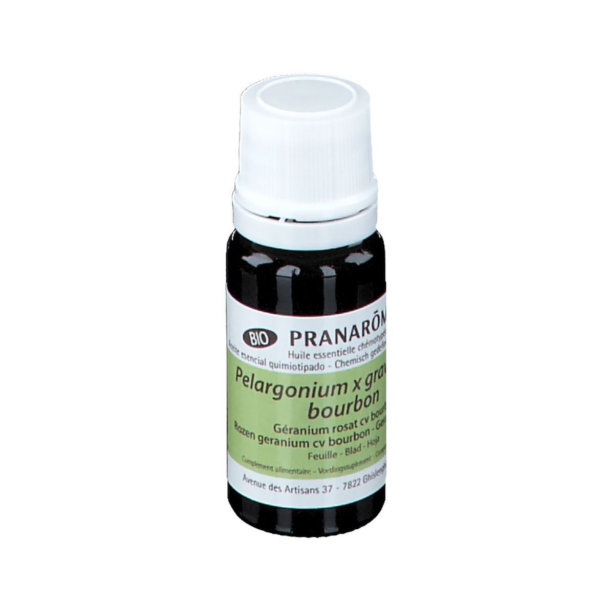 Flacone di vetro marrone con tappo bianco ed etichetta. Scritta: PRANAROM, 10 ml, sigillo Bio.