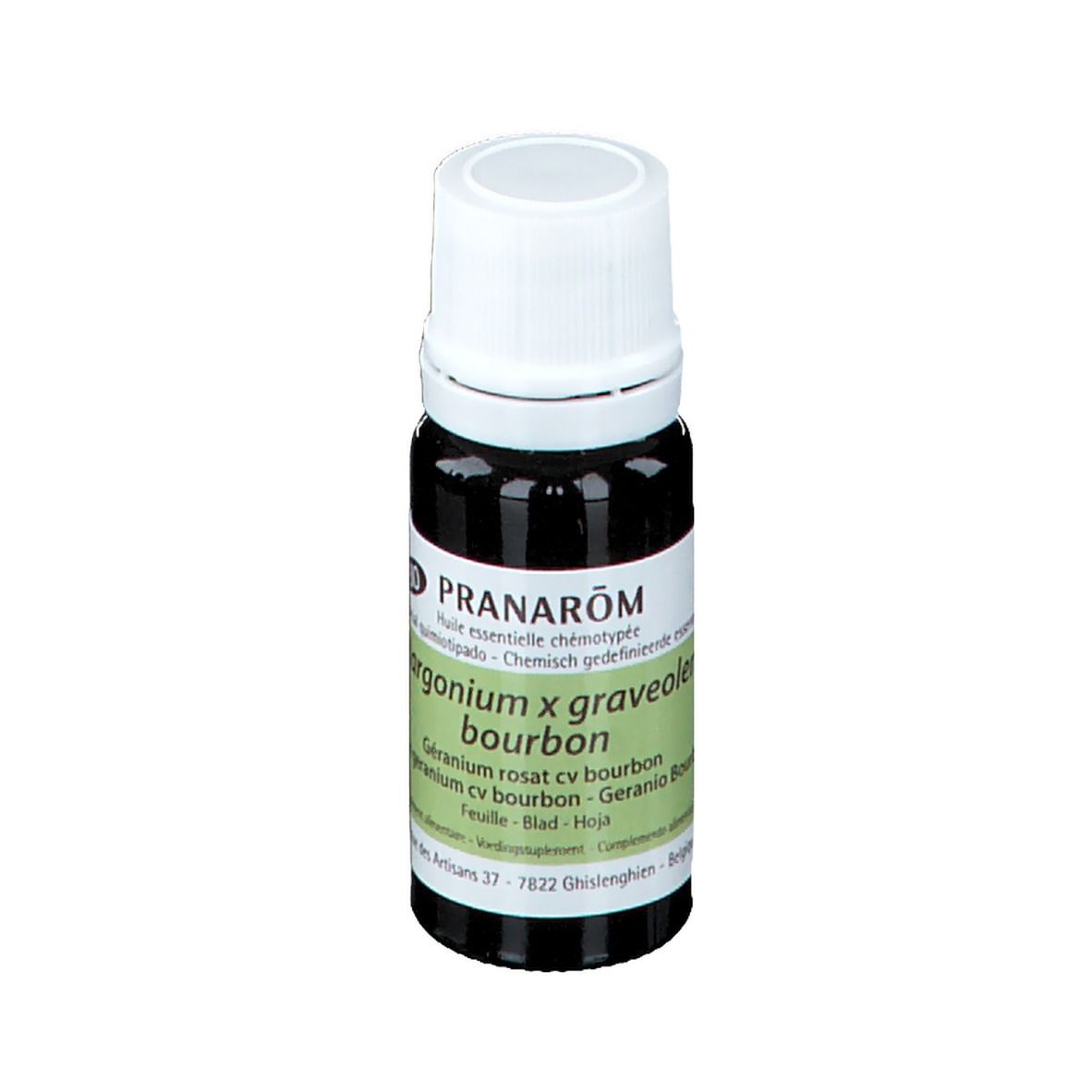 Flacone di vetro marrone con tappo bianco ed etichetta. Scritta: PRANAROM, 10 ml, sigillo Bio.