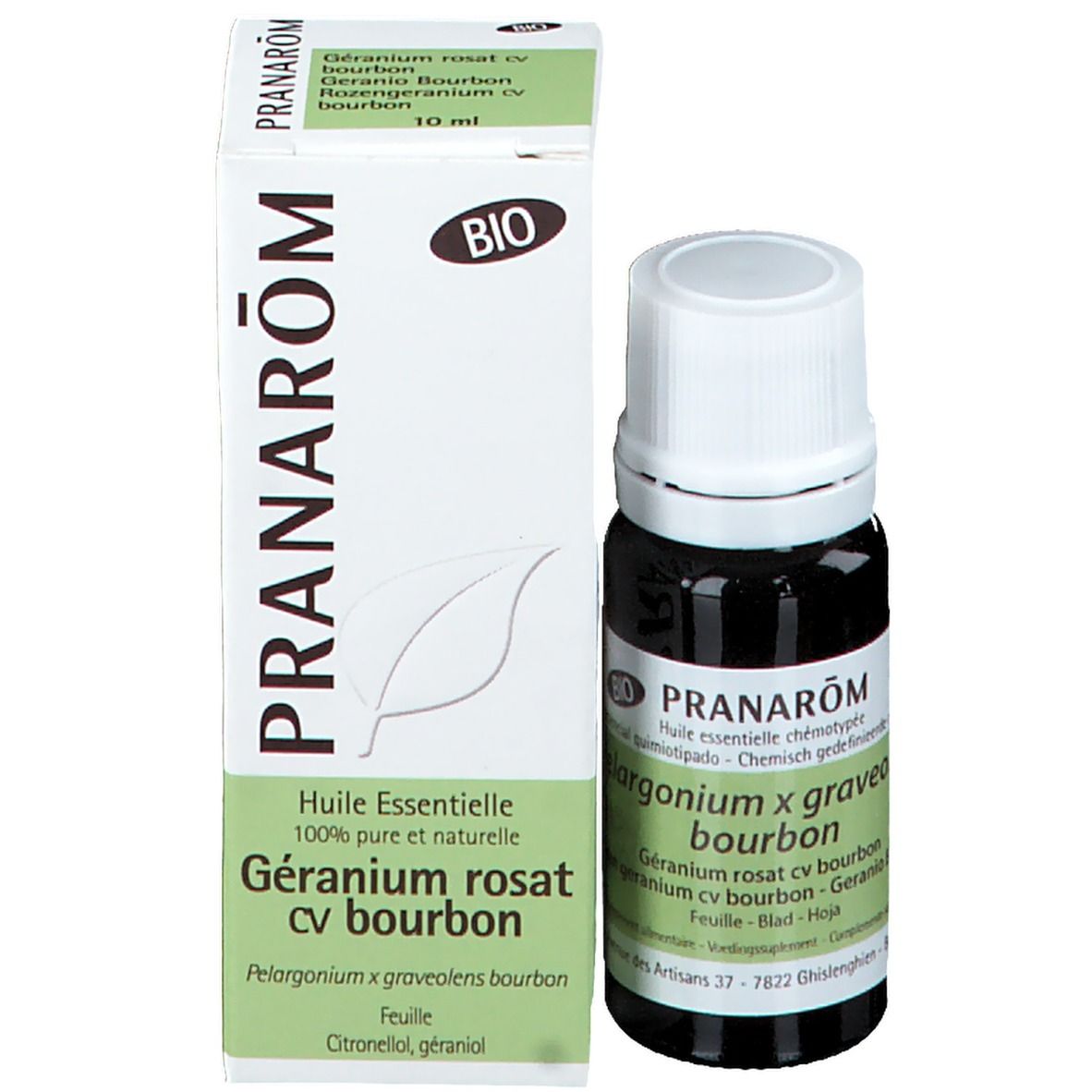 Flacone di vetro marrone con tappo bianco ed etichetta. Scatola. Scritta: PRANAROM, 10 ml, sigillo Bio.