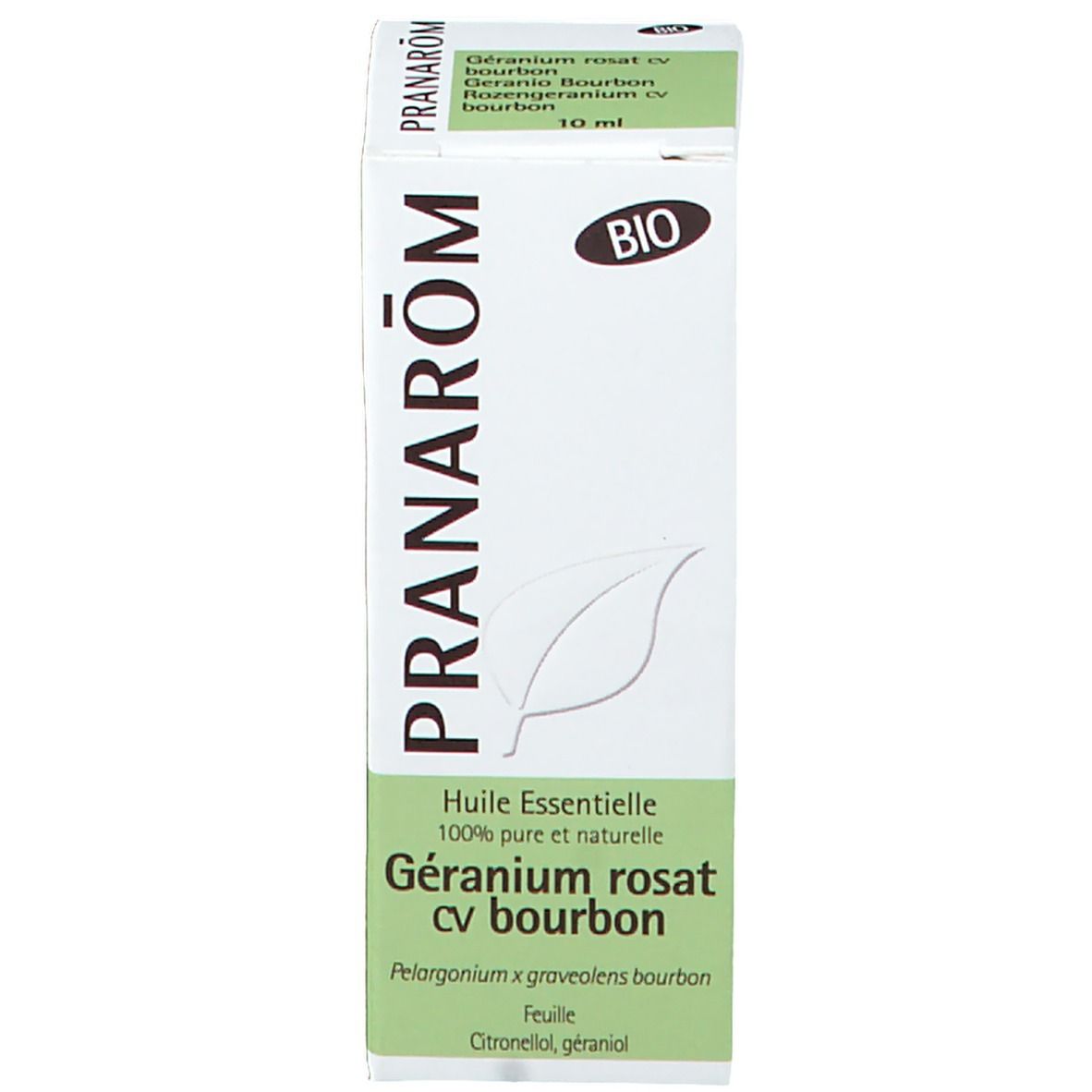 Scatola e flacone di vetro marrone con tappo bianco. Scritta: PRANAROM, 10 ml, sigillo Bio.