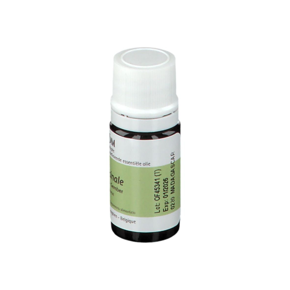 Flacone di vetro marrone con tappo bianco. Etichetta con testo: Pranarom, Zingiber officinale, Gember. Adesivo con data di scadenza.