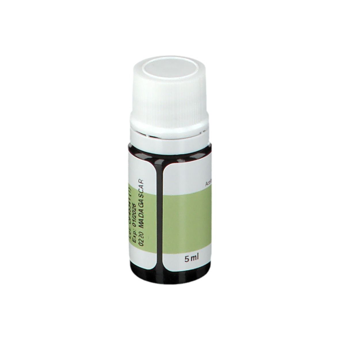 Flacone di vetro marrone con tappo bianco. Etichetta con testo: Pranarom, Zingiber officinale, Gember. Adesivo con volume 5 ml.
