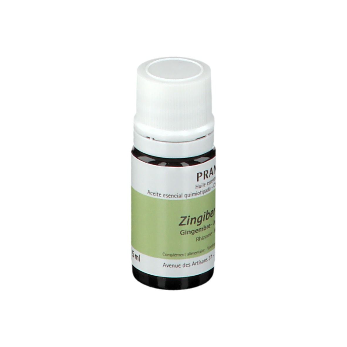 Flacone di vetro marrone con tappo bianco. Etichetta con testo: Pranarom, Zingiber officinale, Gember. Adesivo con volume 5 ml.
