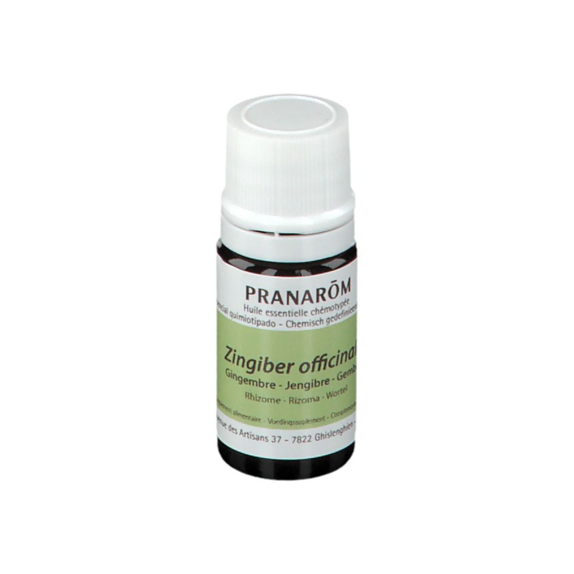 Flacone di vetro marrone con tappo bianco. Etichetta con testo: Pranarom, Zingiber officinale, Gember. Adesivo con volume 5 ml.