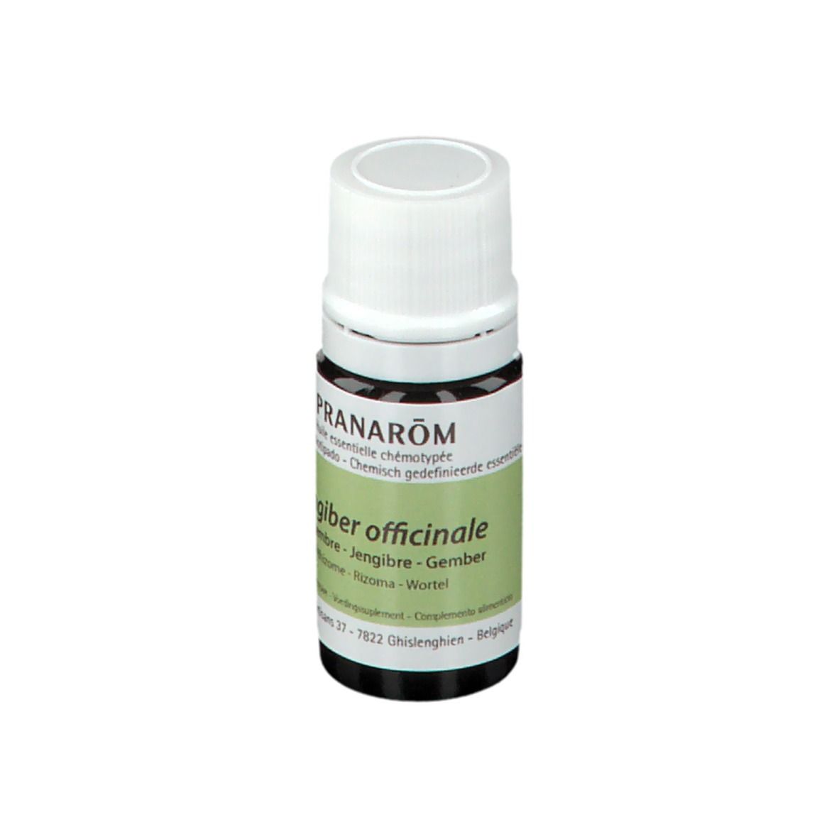 Flacone di vetro marrone con tappo bianco. Etichetta con testo: Pranarom, Zingiber officinale, Gember. Adesivo con volume 5 ml.