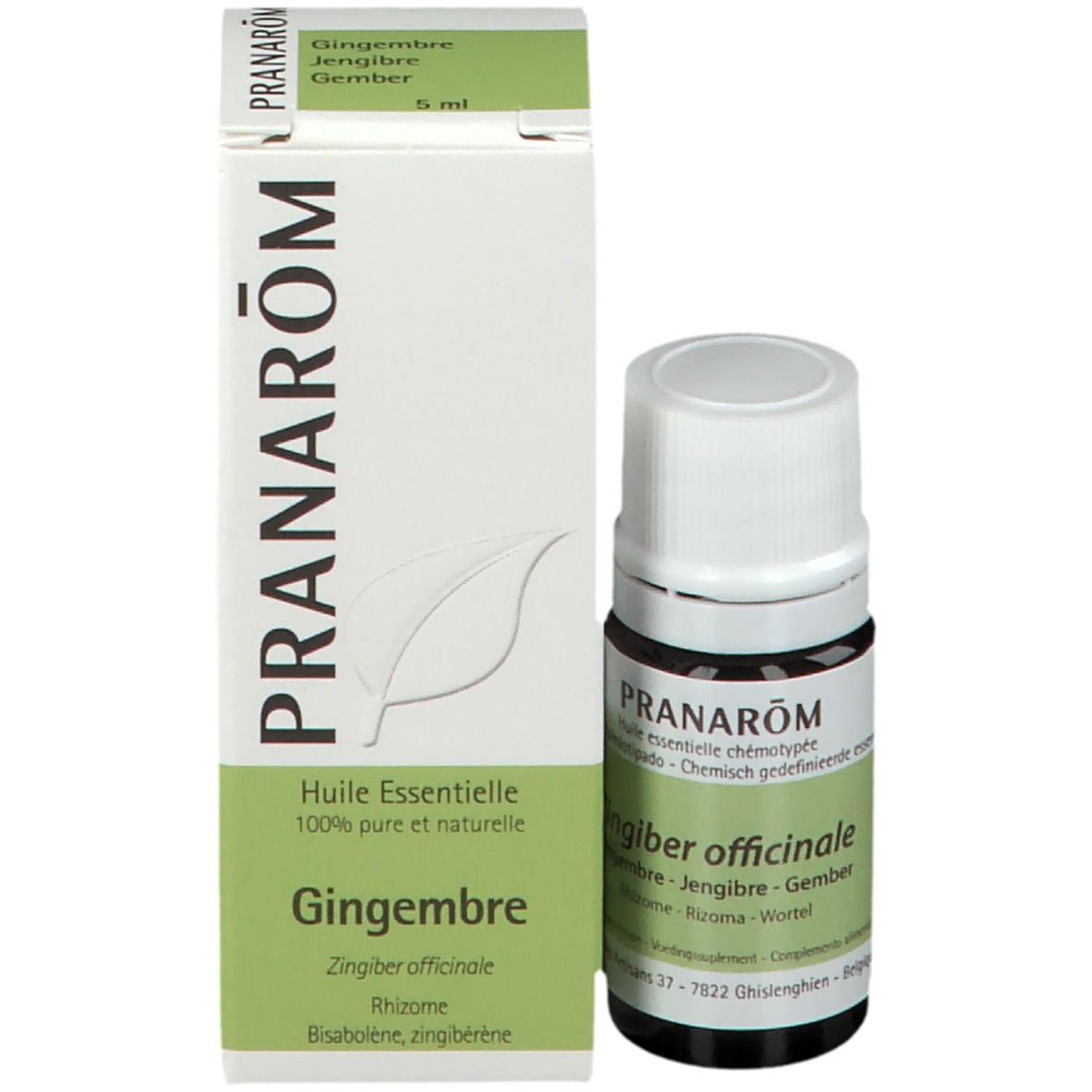 Flacone e scatola di cartone. Sulla scatola: Pranarom, Huile Essentielle, Gingembre. Flacone: Zingiber officinale, 5 ml.