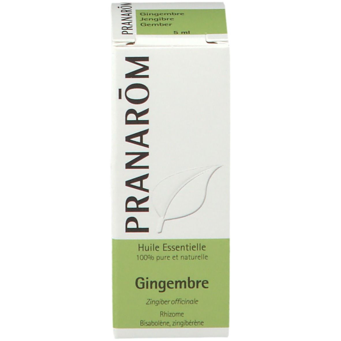 Scatola di cartone con nome e logo del prodotto. Testo: Pranarom, Huile Essentielle, Gingembre. Illustrazione di una foglia.
