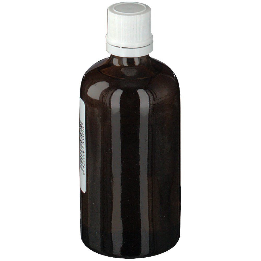 Flacone di vetro marrone con tappo bianco. Etichetta parzialmente visibile.