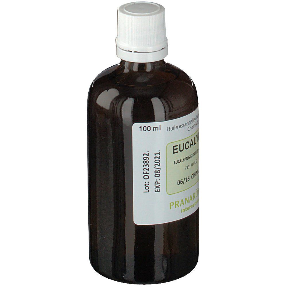 Flacone di vetro marrone con tappo bianco ed etichetta. Scritta: Eucalyptus Globulus, 100 ml, PRANAROM.