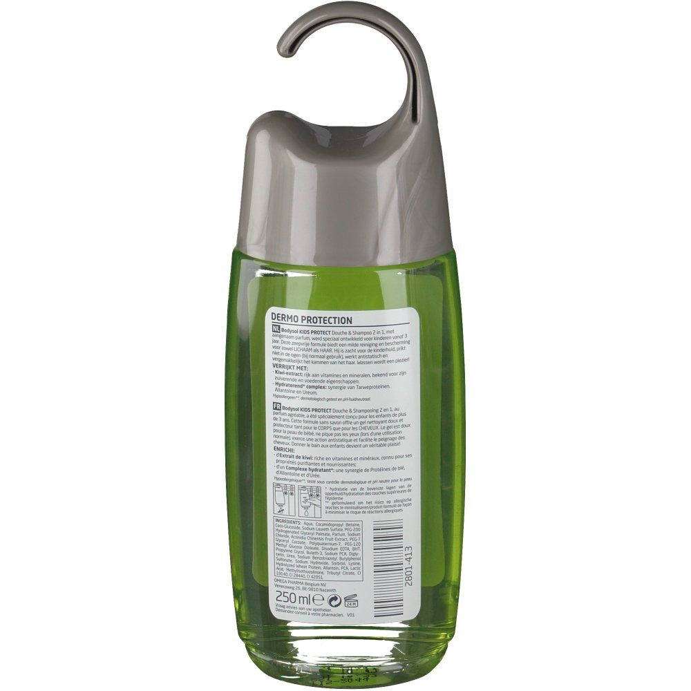 Retro del flacone verde con gancio grigio. Testo e informazioni sul prodotto. 250 ml.