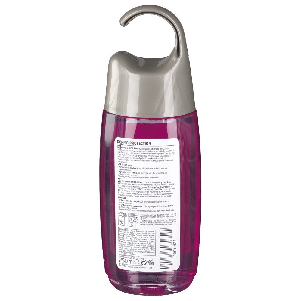 Retro del flacone rosa con tappo grigio e gancio. Etichetta con testo, ingredienti e codice a barre.