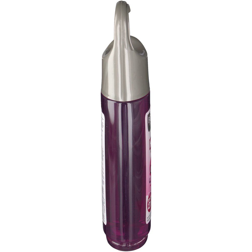 Vista laterale del flacone rosa con tappo grigio e gancio. Etichetta con testo.