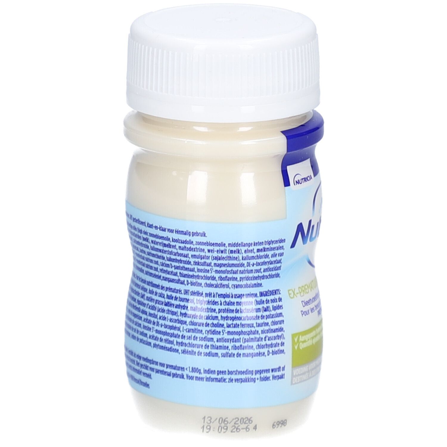 Retro della bottiglia con tappo bianco. Scritta Nutrilon Ex-Premature. Confezione blu e bianca. Testo.