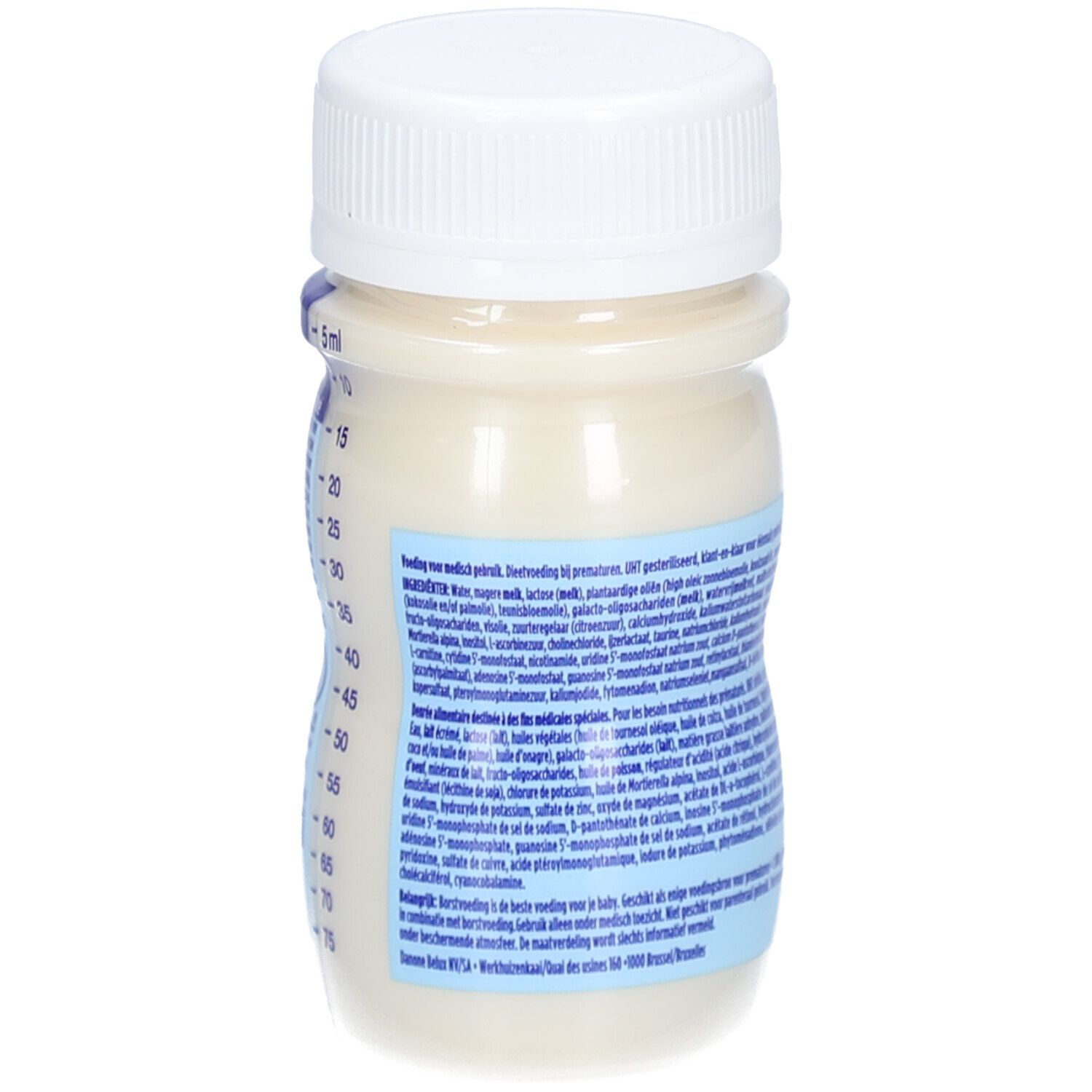 Retro della bottiglia con tappo bianco. Scritta Nutrilon Ex-Premature. Confezione blu e bianca. Scala.